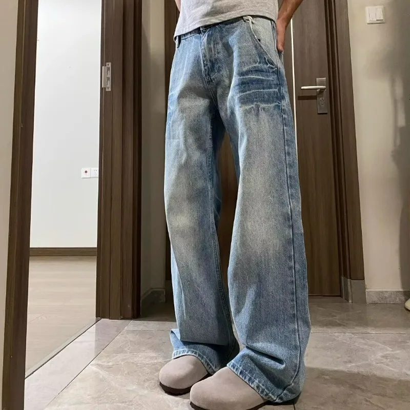 Summer Men Straight Leg Pants Niche Design American Retro Jeans with High Street Drape Versatile Fashionable Micro Flared Pants