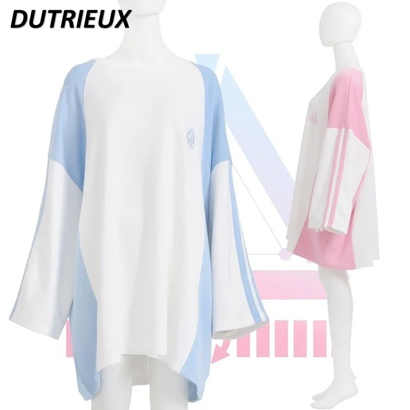 일본 광산 색상 매칭 스포츠 티셔츠 드레스 봄과 가을 새로운 달콤한 소녀 라운드 넥 긴 소매 중간 길이 풀오버