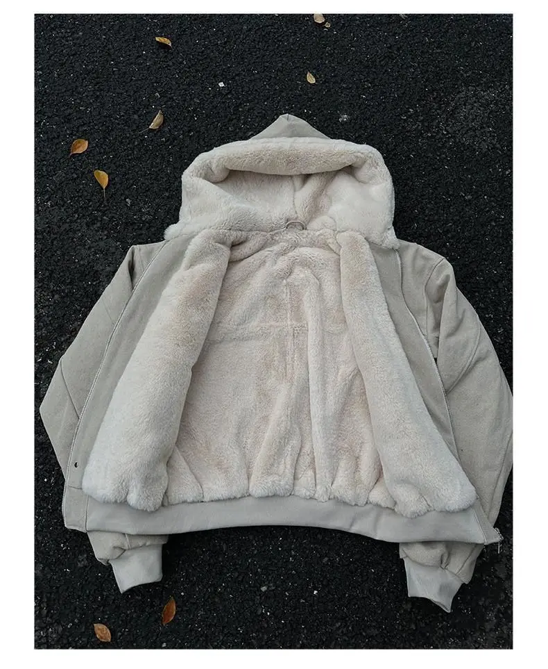 American 2000s Vintage Subculture Khaki Wool Liner Plush Warm Pocket Hoodie Jacket For Men And Women Retro Fashion Quilted Coats