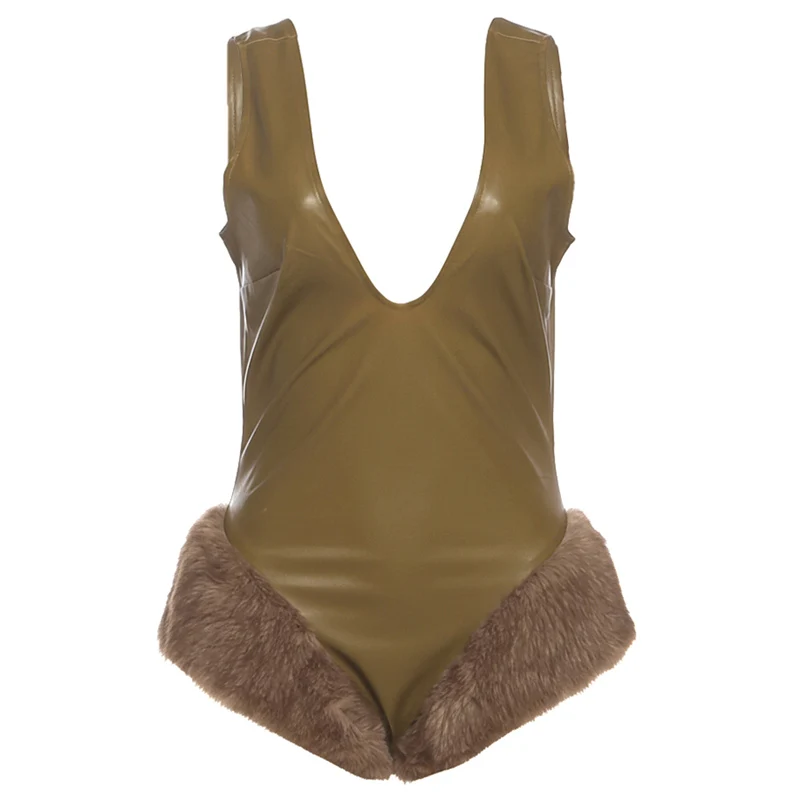 Kliou Obcisłe body z imitacji skóry damskie z głębokim dekoltem, odkrytymi plecami, bez rękawów, z futrzanymi wstawkami na dole, w stylu hot girls, high street, bodycon — 2