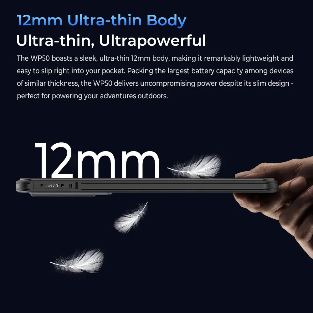 Oukitel WP50 5G 초박형 스마트폰, 안드로이드 14, 12GB(4 + 8GB)+ 256GB 48MP 6500mAh 휴대폰, 6.6 인치 HD + 견고한 휴대폰 NFC