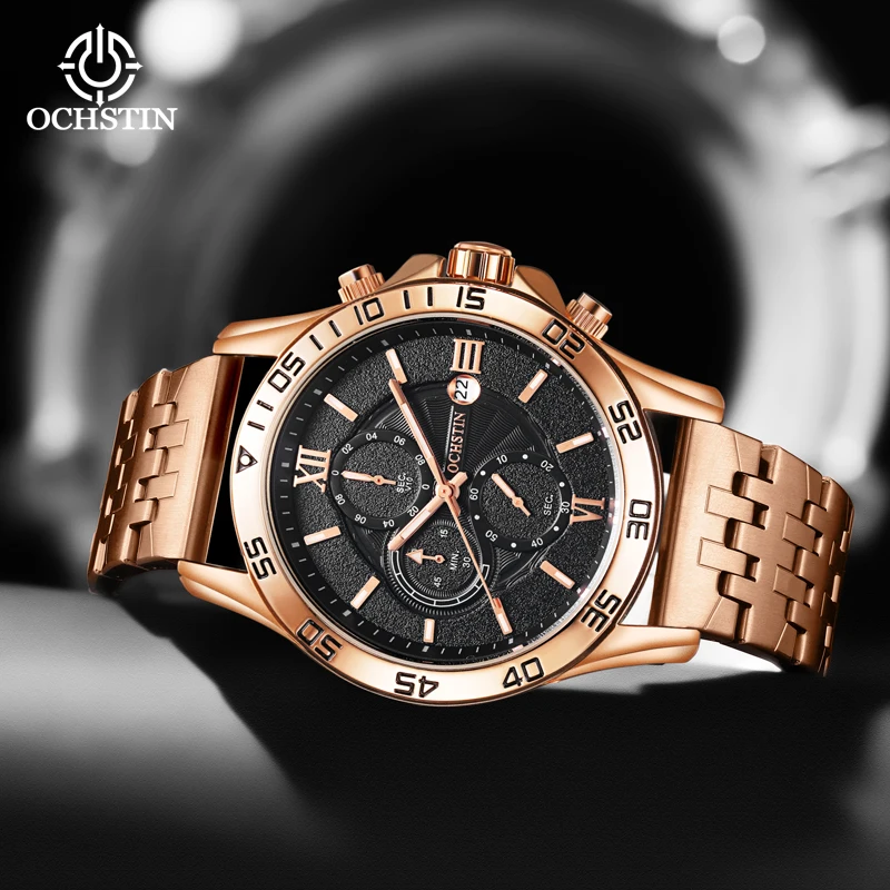 OCHSTIN Men Outdoor Pilot Multifunctional Quartz Wristwatch Solid Steel Strap Waterproof Daily Watch