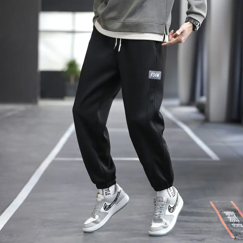 Grey Men's Autumn New Solid Color Elastic Waist Tie Athletic Pants Winter Thickened Loose Casual Comfortable Versatile Pants