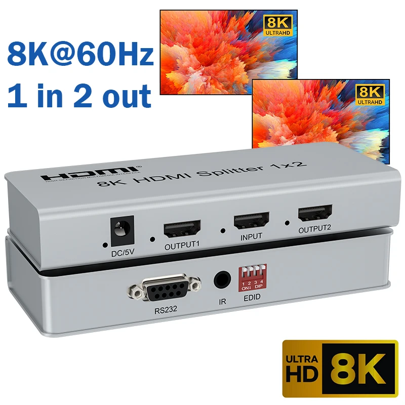 8K 60 هرتز HDMI الفاصل 1 في 2 خارج HDMI2.1 مقسم الفيديو 1x2 1x4 شاشة مكررة 4K 120 هرتز موزع الفيديو دعم CEC EDID HDR
