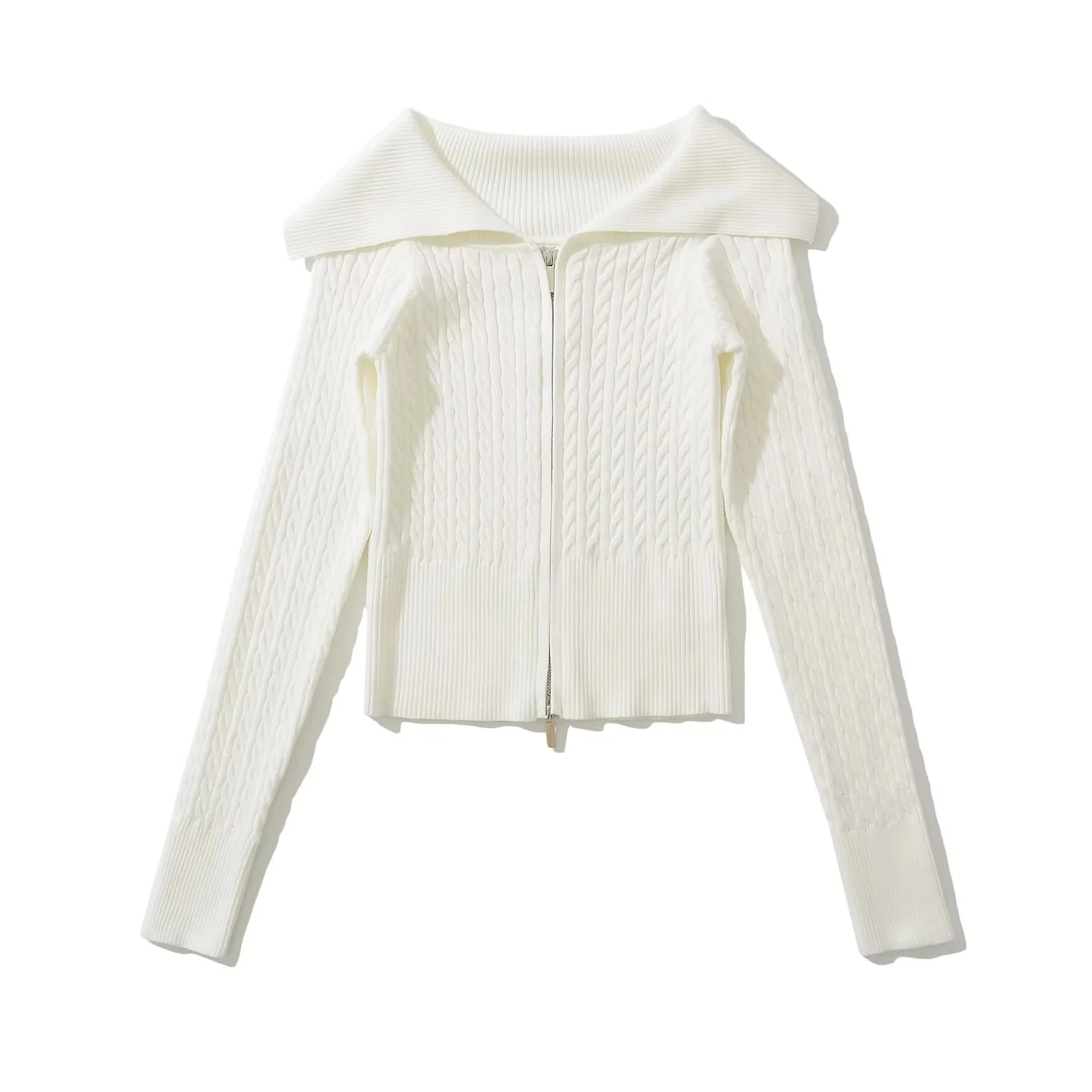 Design Sensation Gestrickte offene Strickjacke mit doppeltem Reißverschluss, würziges Mädchen-Top, jugendliche Faion, ort Länge, reine Farbe, Pendler-Sle
