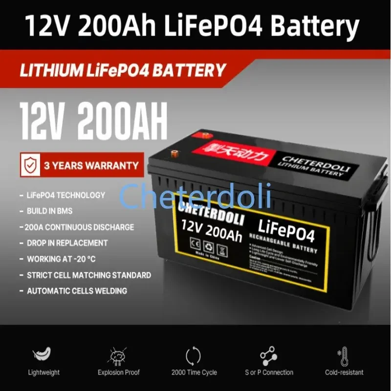 

12V 200Ah LiFePO4 Battery Built-in BMS Lithium Iron Phosphate Cell For RV Campers Golf Cart Off-Road Off-Grid Solar With Charger