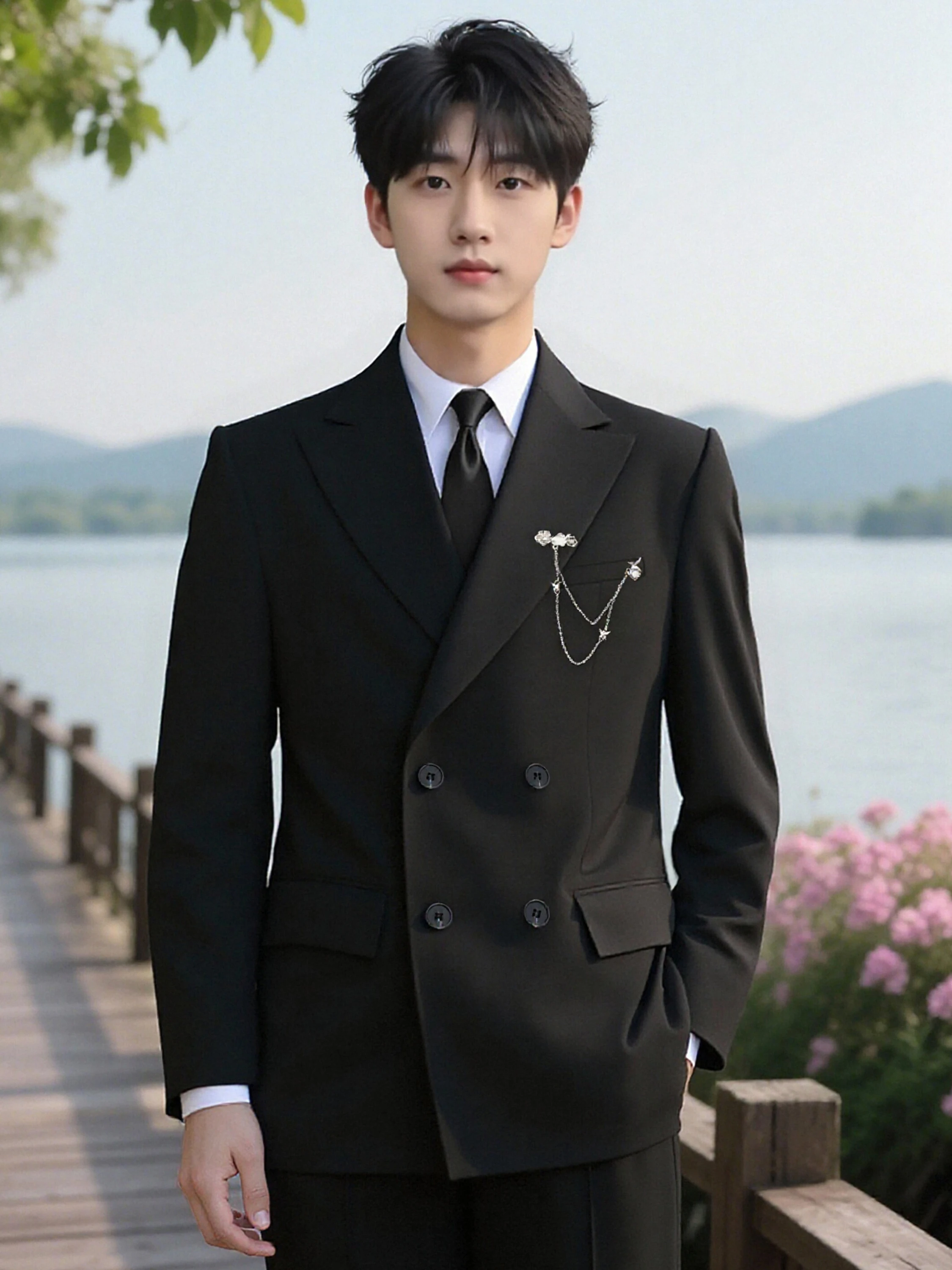 

Мужской повседневный пиджак с двубортной застежкой на пуговицах и подплечниками, для свадьбы, помолвки, повседневной носки, в британском стиле, из полиэфирного волокна