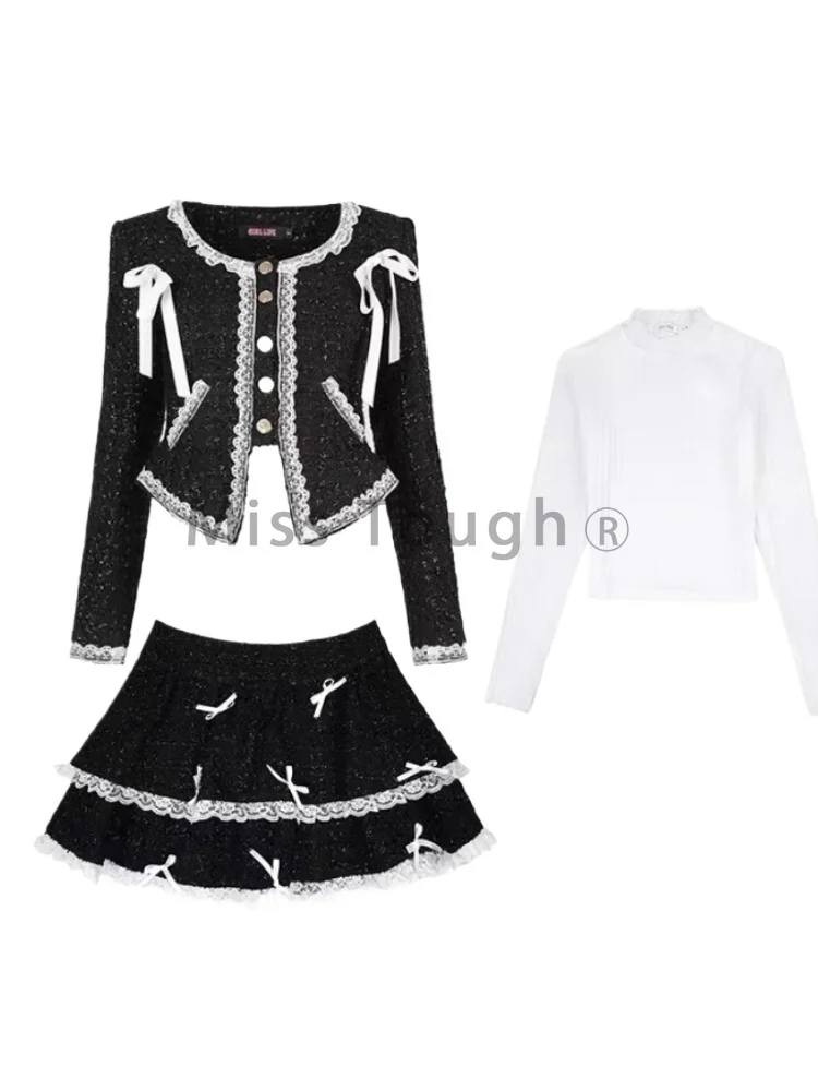 Winter French Fashion Elegant 3 Piece Sets Woman White Tops + Chic Bow Coat + Mini Skirt New Design Y2k Style Vintage Suits 2024