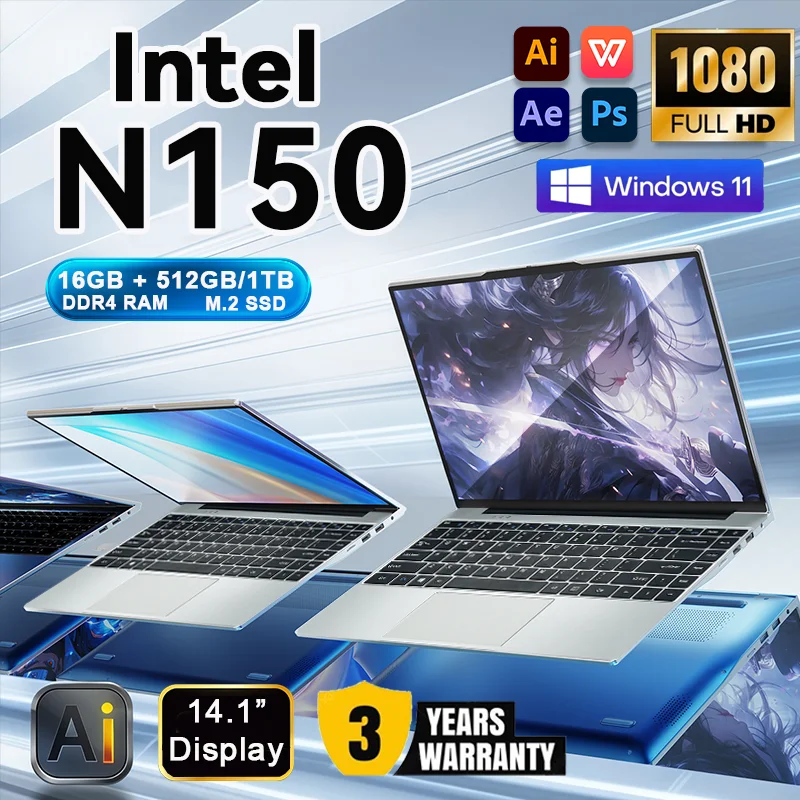 Portátil para Juegos Intel N150 de 14.1 Pulgadas, Windows 11, 16 GB de Ram, SSD M.2 de 1/2 TB, Portátiles 4K HD, Computadora Portátil para Oficina, Estudio, Escuela