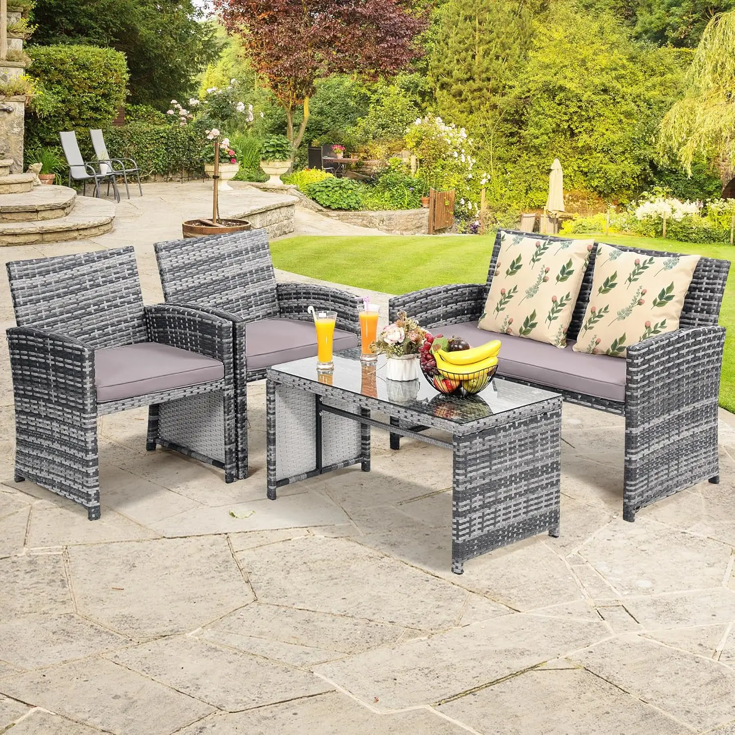 4 Stück Rattan Terrassen möbel Set, außerhalb Schnitt Gespräch gepolsterte Sofa garnitur, Korbs ofa ideal für Garten, Garten