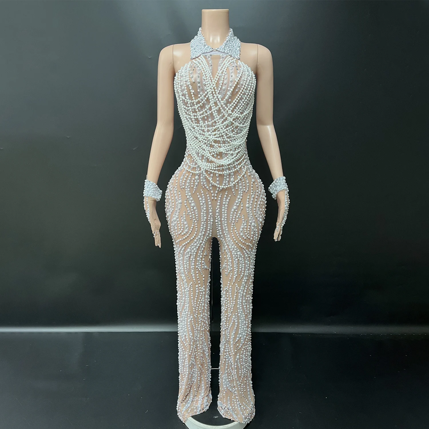 Elegant Luxury Beaded Rhinestone Jumpsuit - Backless Evening Dress for Host Stage Performance Birthday Party Prom Glove jumpsuit