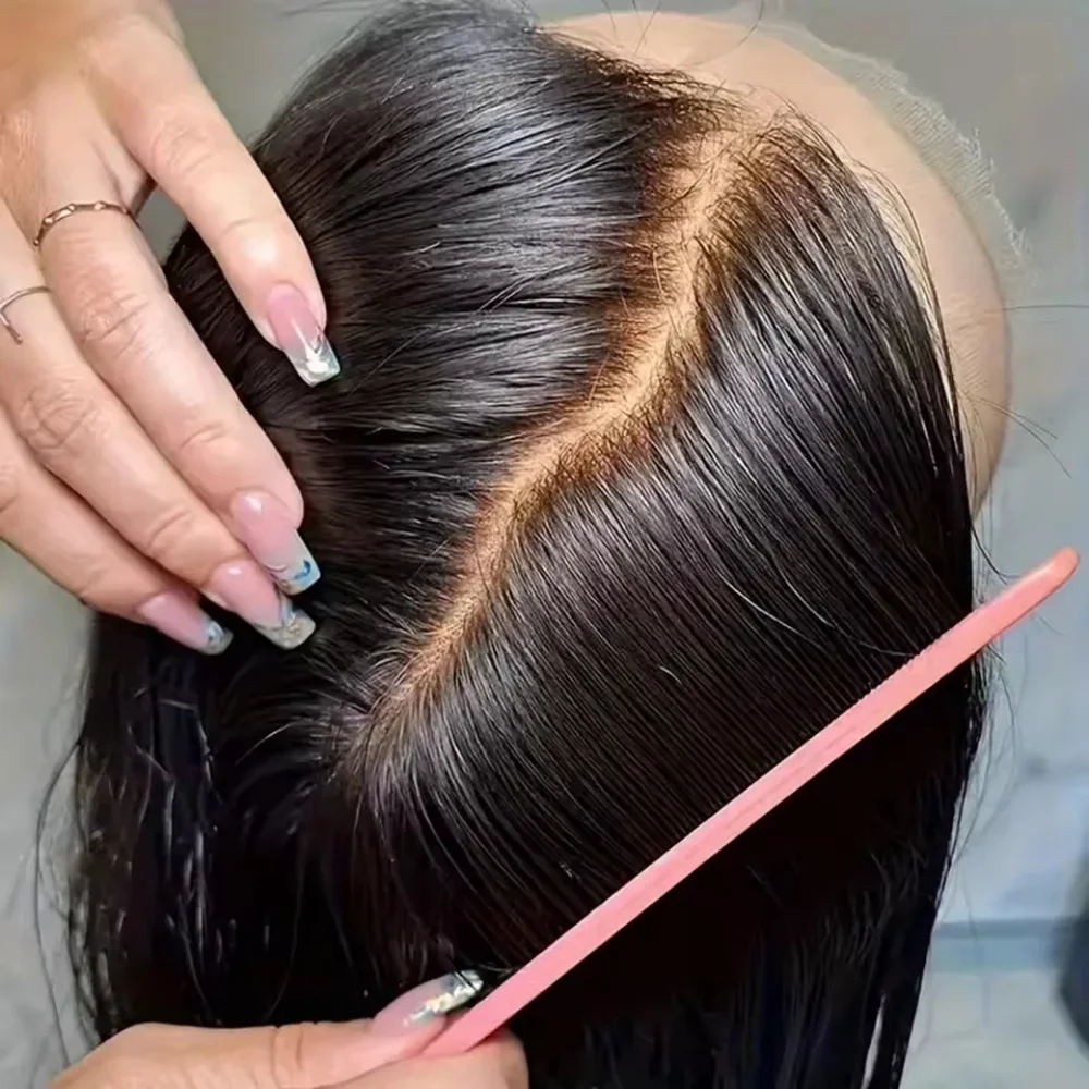 Pelucas de Cabello Humano Liso, Color Negro Natural, Remy Brasileño, Peluca Frontal de Encaje Transparente HD 13x4, Línea de Cabello Pre-Desplumada