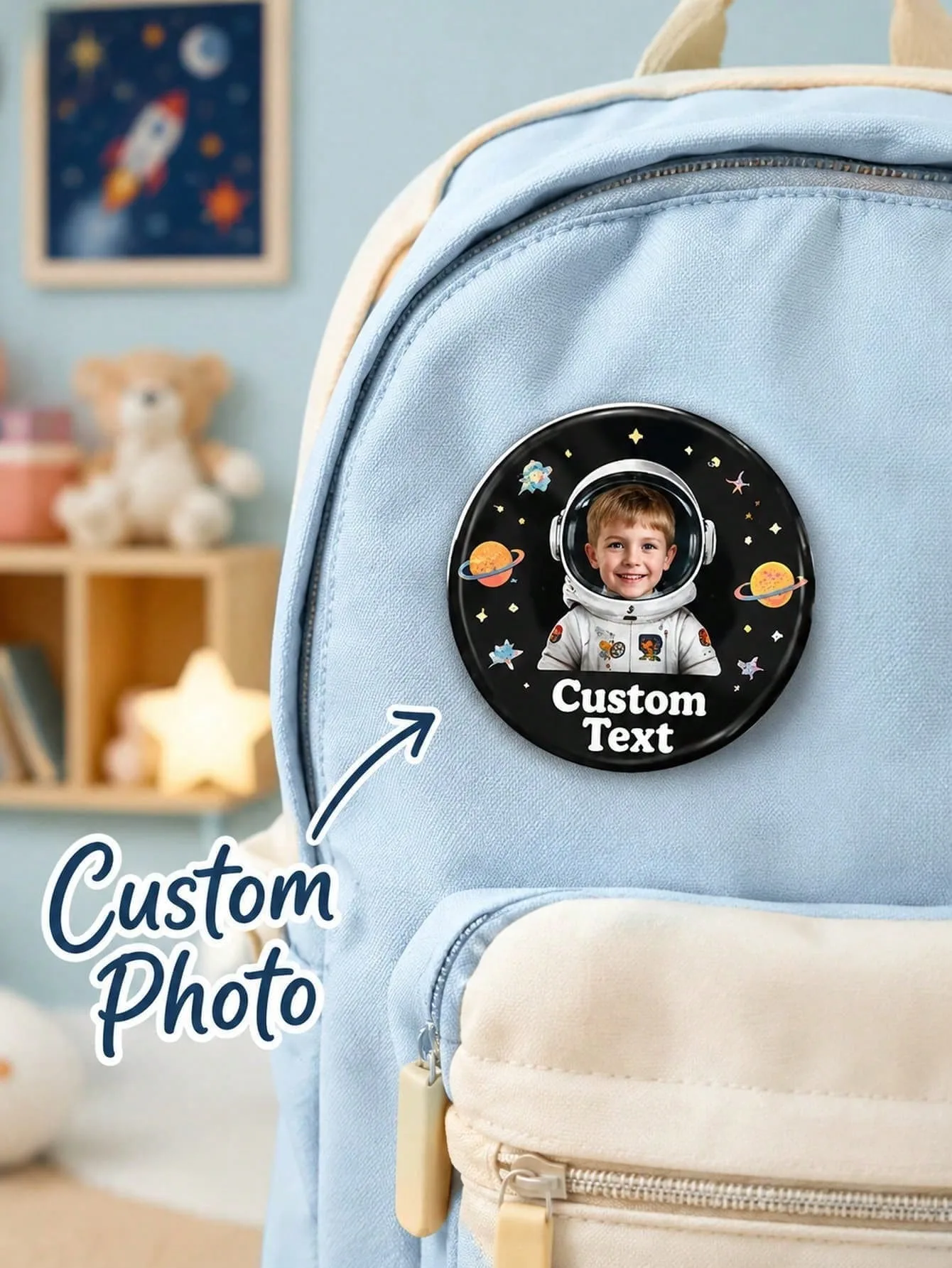 Personalized Astronaut Photo Pin Badge With Custom Name, Round Space Theme Button Brooch For Kids, Backpack, Jacket, School Bag