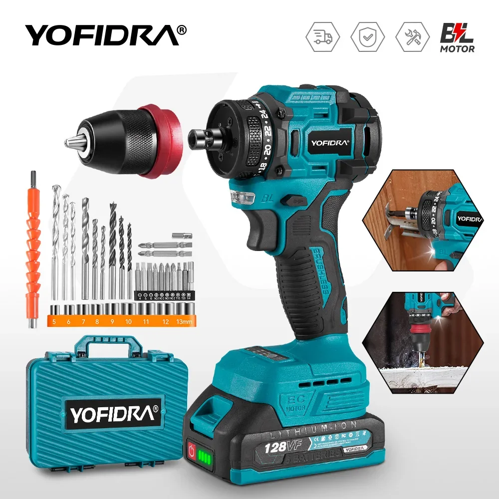 YOFIDRA 2 in1 Brushless Electric Screwdriver Hammer Cordless Drill Impact Multifunctional Power Tool  For Makita 18V Battery