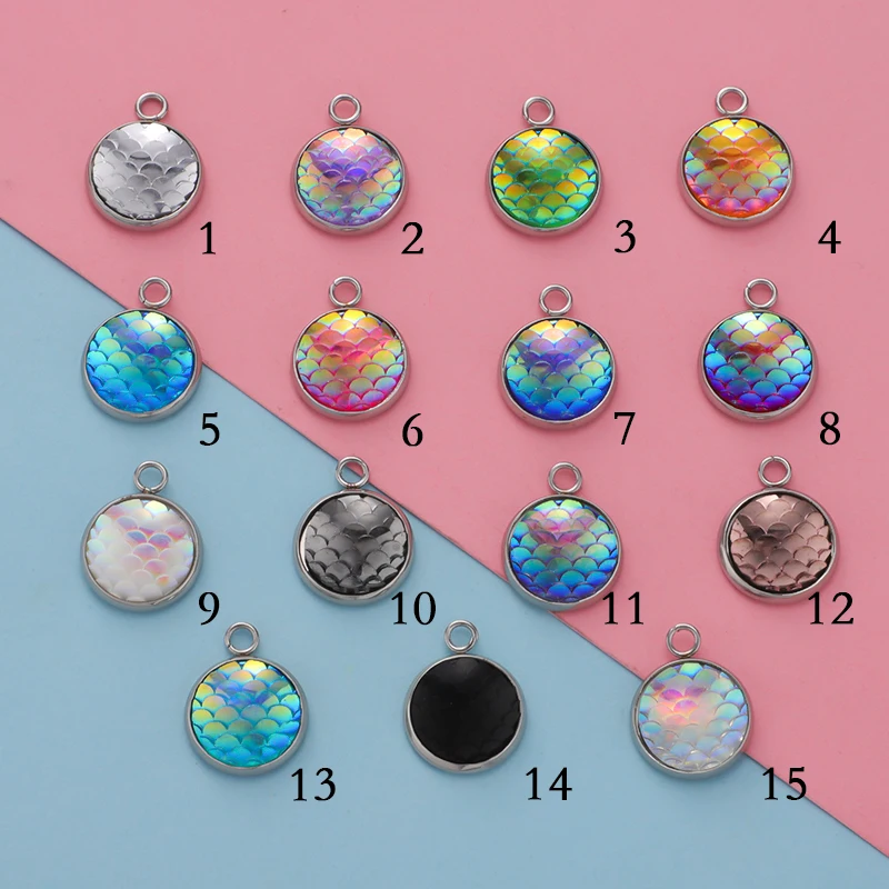 Fnixtar Stainless Steel Mermaid Scale Charms For Jewelry   12colors  12mm 12pcs/lot