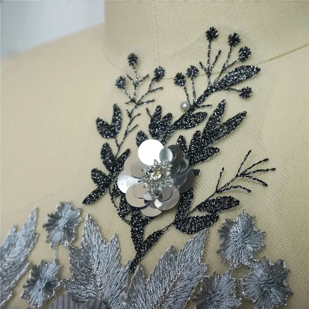 Grey Black 3D Flowers Beads Rhinestone Lace Fabric Embroidered Wedding Gown Appliques Sew Patch For Dress DIY Decoration