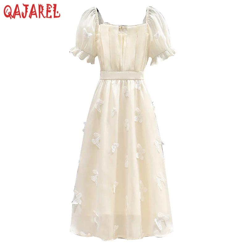 2024 Chiffon bianco manica a sbuffo fiocco colletto quadrato abito longuette donna Boho Fashion Light Beach prendisole estate elegante vestito aderente