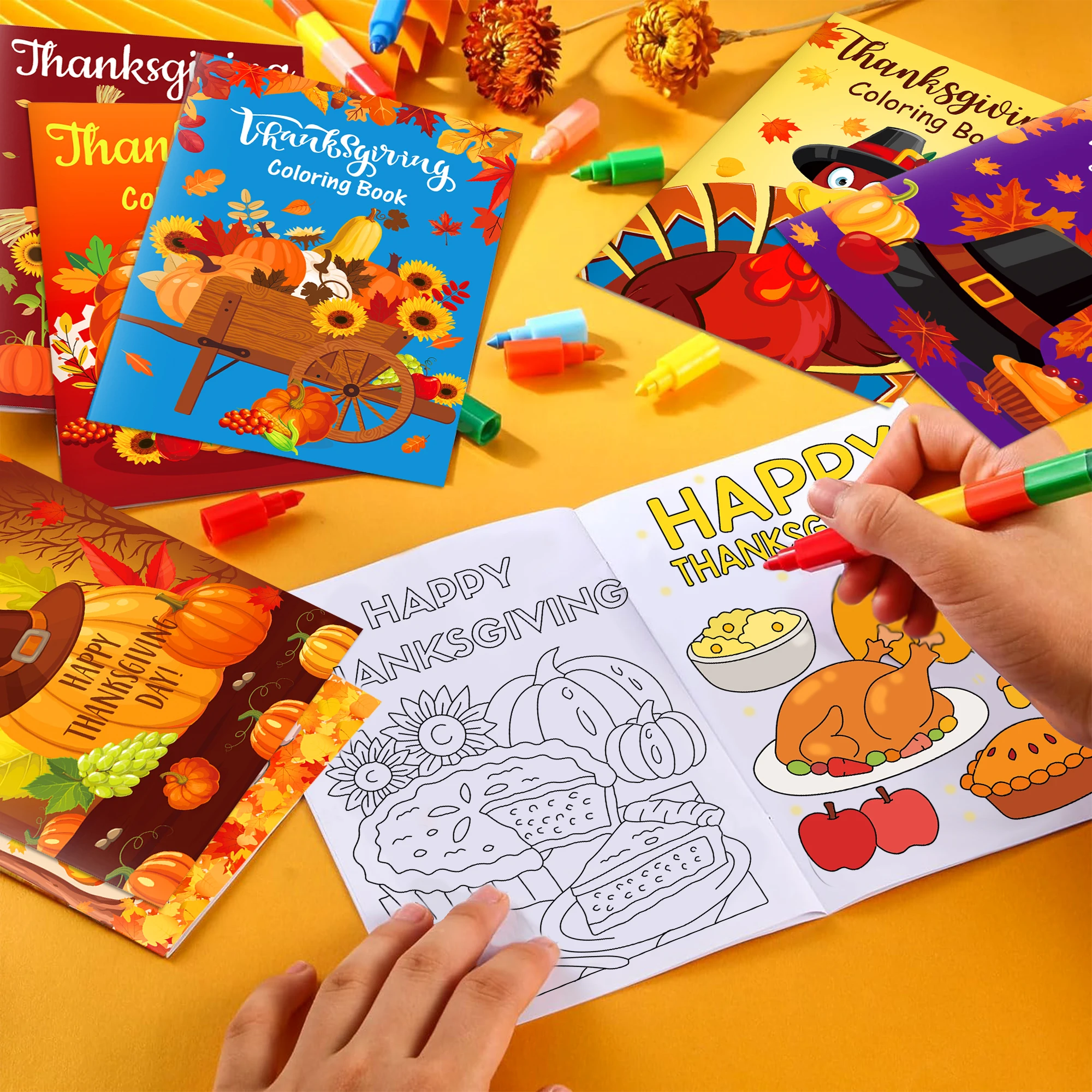 6/12/24Pcs Fall Thanksgiving Day Mini Coloring Books Harvest Turkey Pumpkin Party Giveaways DIY Drawing Holiday Gift Supplies