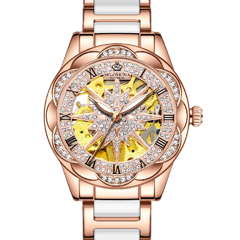 ORKINA Iced Out Women Automatic Watch Luxury Diamond Crystal Mechanical Skeleton Ceramic Stainless Steel Strap Ladies Wristwatch