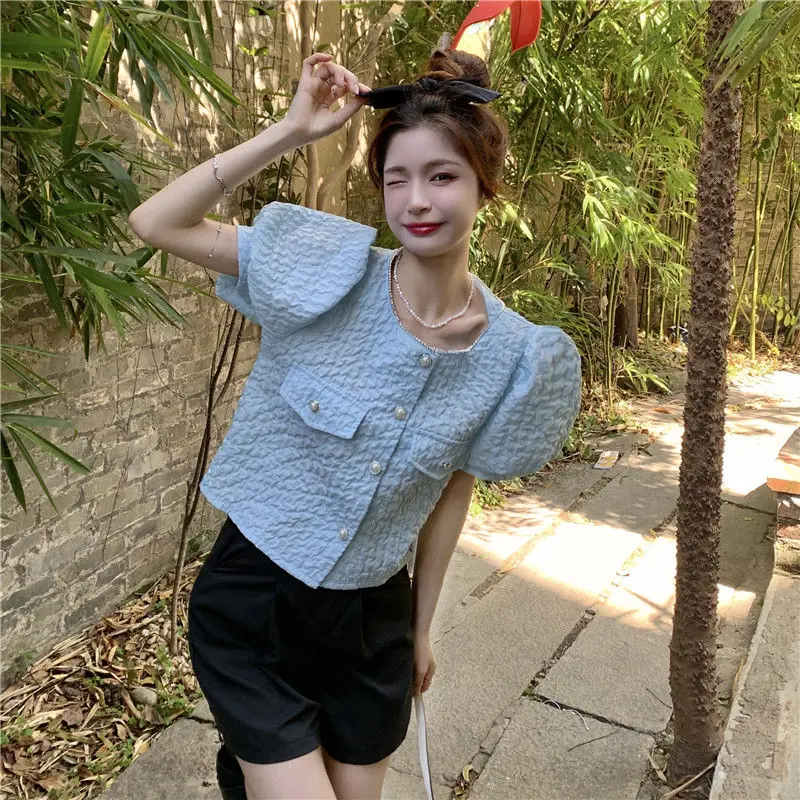 Shirts Women Solid Short Puff Sleeve Trendy Leisure Sweet Elegant All-match Crop Tops Korean Style Daily Retro Chic Females New