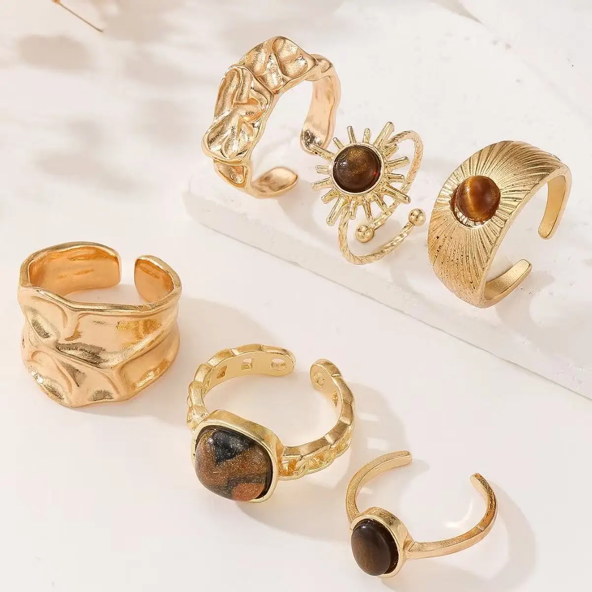 6pcs Sunflower Tiger Eye Stone Ring Set for Women Vintage Irregular Gold Color Aesthetic Open Rings Fashion Party Jewelry Gifts - view 5