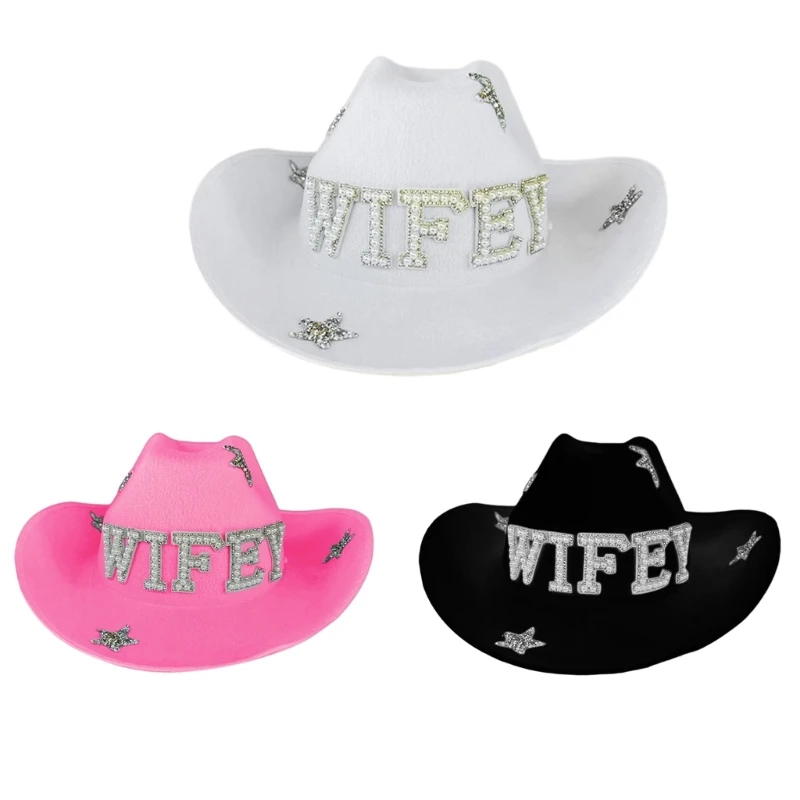 

Pearl Decors Woman WIFEY Letter Cowgirl Hat Wide Brim Fedora Hat for Photoshoots