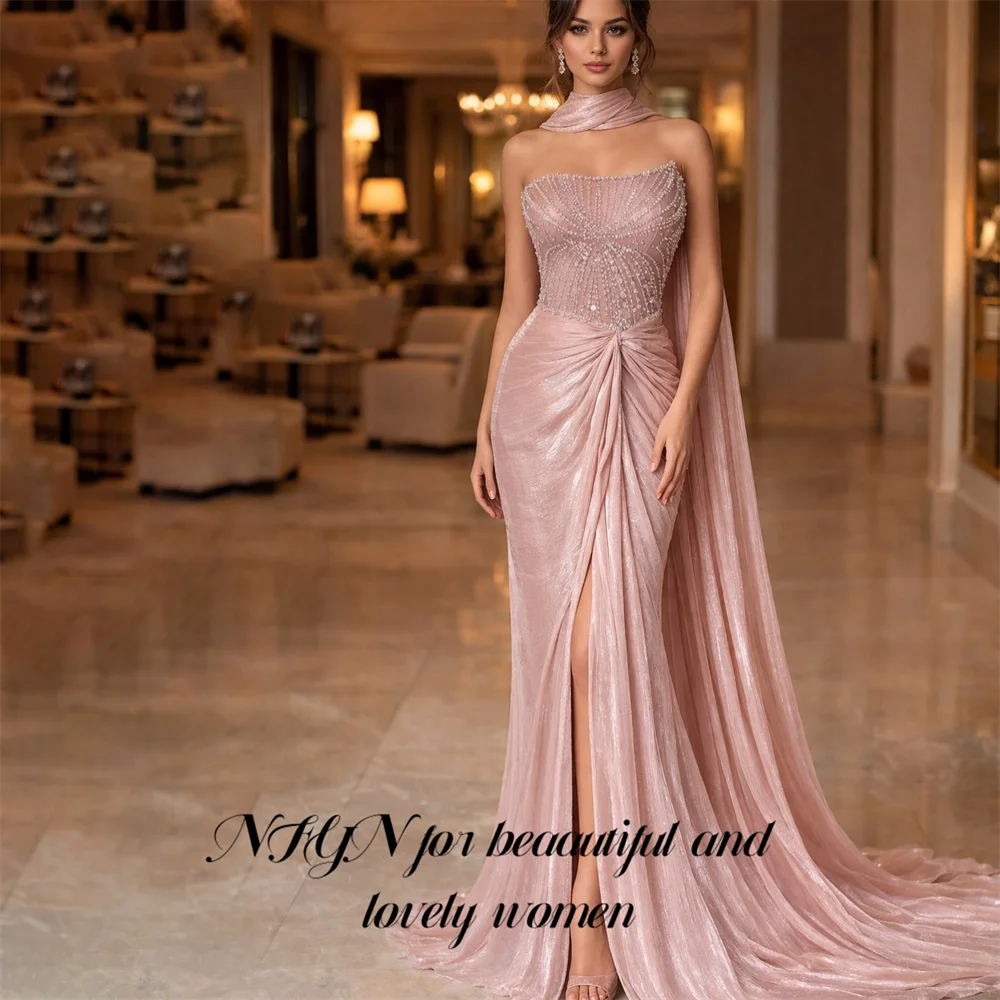 NFYN Pink Prom Dresses Strapless Draped Neck Scarf Evening Dress Beading On Chest Party Dress Slim Fit Robe De Soirée Customized