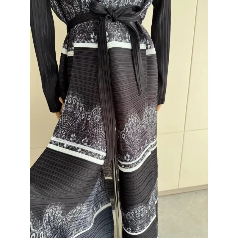 Miyake Pleated Long Coat Muslim Abaya Fashion Women Loose Black Printed Cardigan Full Sleeve Tie Robe