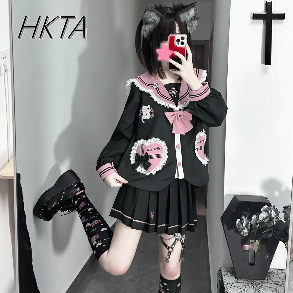 

Japanese Lolita Long Sleeve Doll Collar Bow Black Pink Jk Top Shirt Women Spring Sweet Cute Pleated Short Skirt Two Piece Sets
