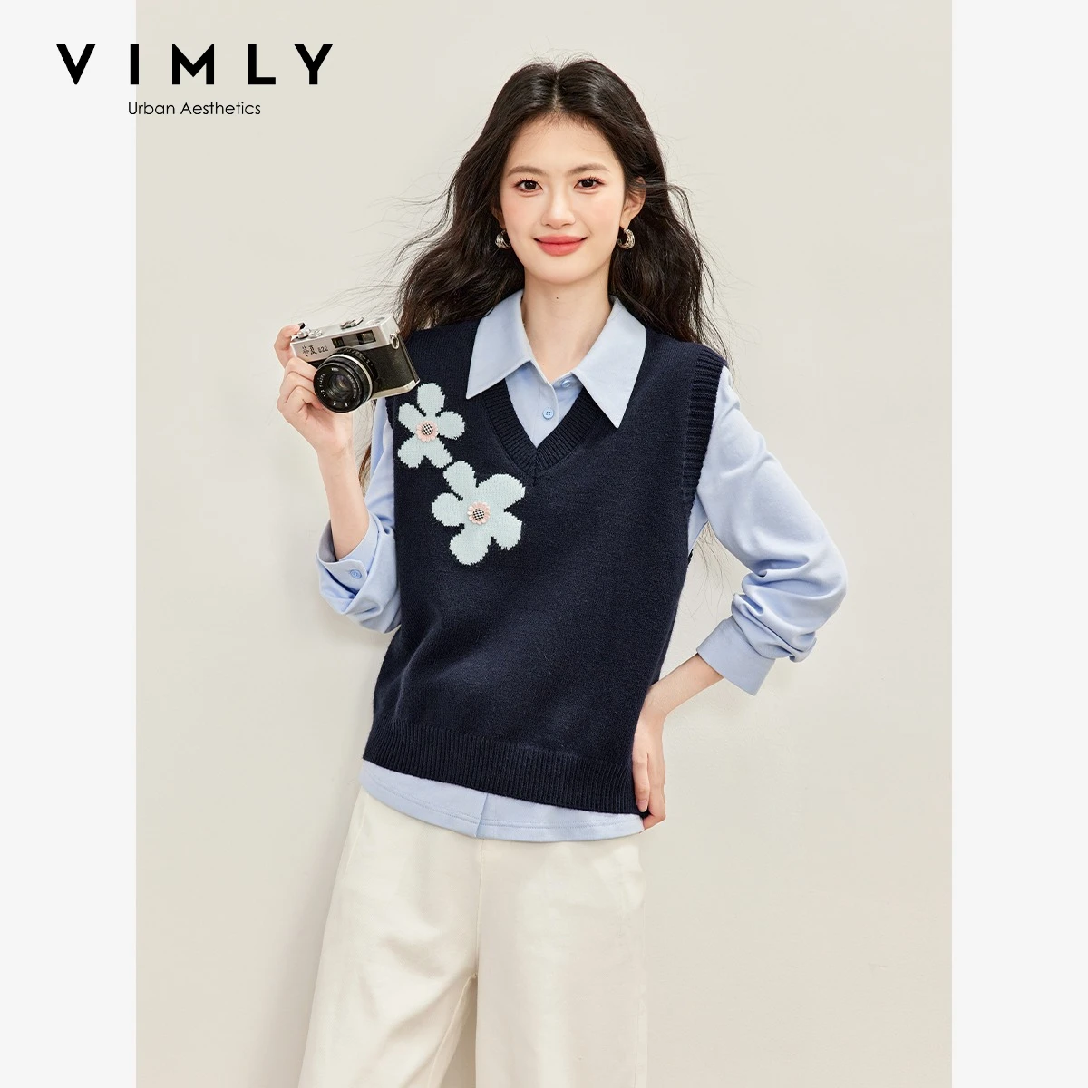VIMLY Floral Embroidered Grey Knit Sweater Vest for Women 2026 Autumn Sleeveless Tops Casual Elegant Fashion Female Top 32098