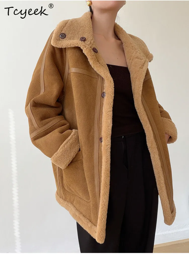 Tcyeek, chaqueta de cuero genuino, chaquetas de invierno, abrigo de piel de oveja merina Natural para mujer, ropa de longitud media 2025 para mujer, Шуба Ж Jayacud