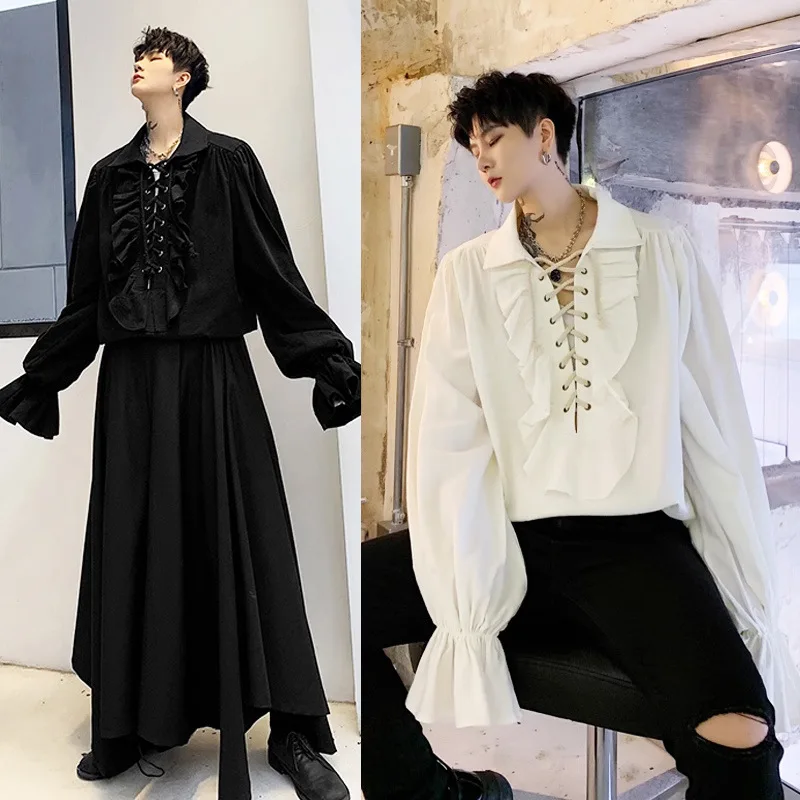 

Dark Medieval Palace Style Puff Sleeves Top European and American Retro Stage Drama Performance Wear Lace-up Shirt for Men