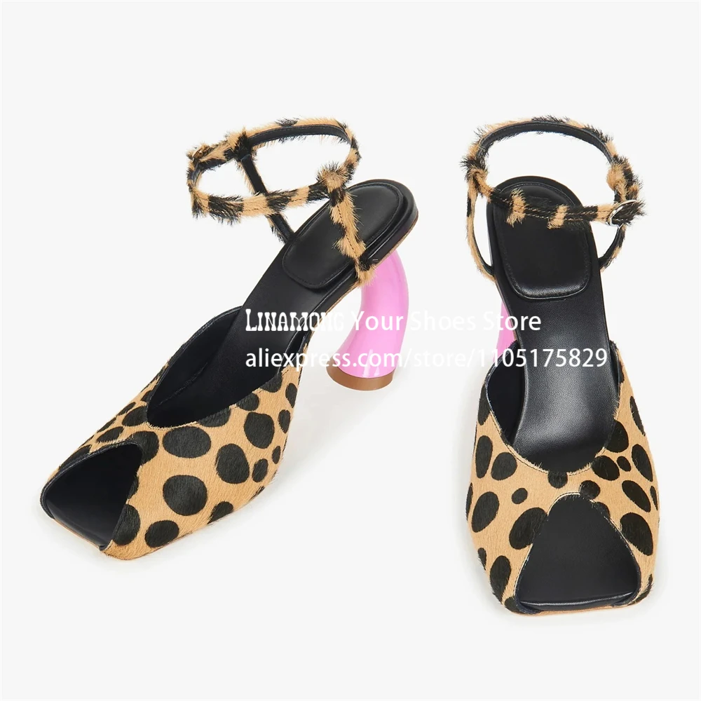 

Cow Print Horse Hair Novelty Sandals Sculptural Strange Heel Summer Shoes Leopard Print Fur-Covered Sandals Ankle Strap Heels