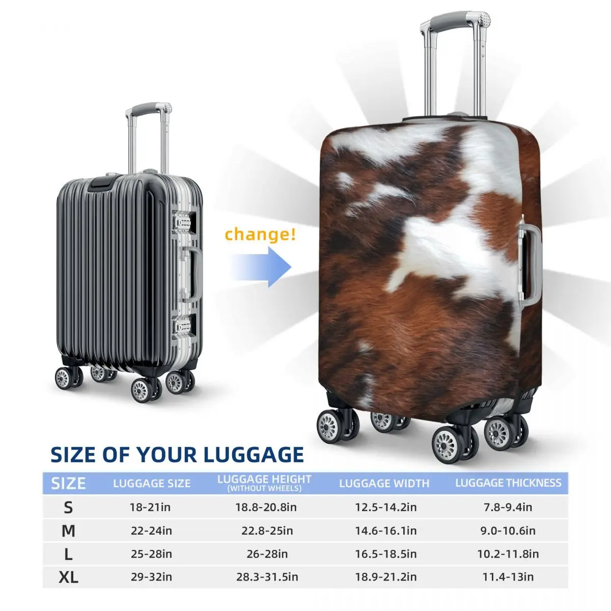 Custom Fashion Cowhide Leather Luggage Cover Protector Washable Animal Fur Texture Travel Suitcase Covers