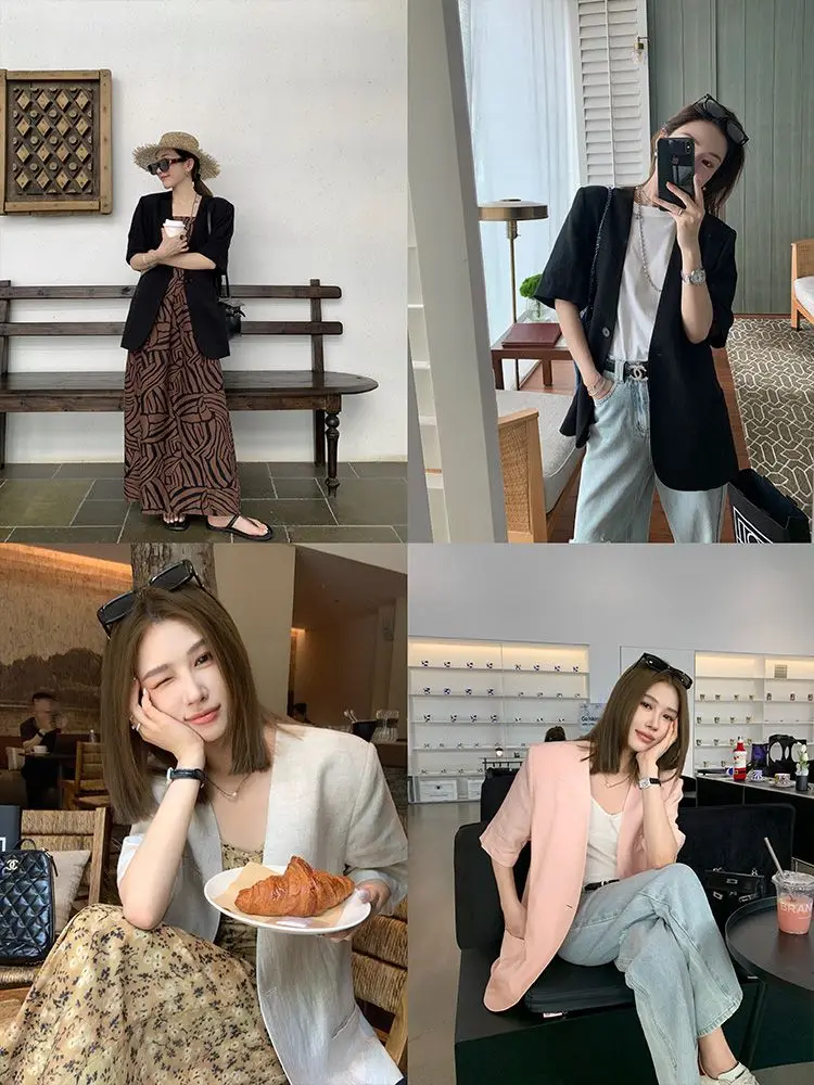 Insozkdg الراقية رقيقة البدلة سترة للنساء صيف جديد الكورية موضة الخامس الرقبة قصيرة الأكمام الصلبة فضفاض سترات غير رسمية النساء بلايز