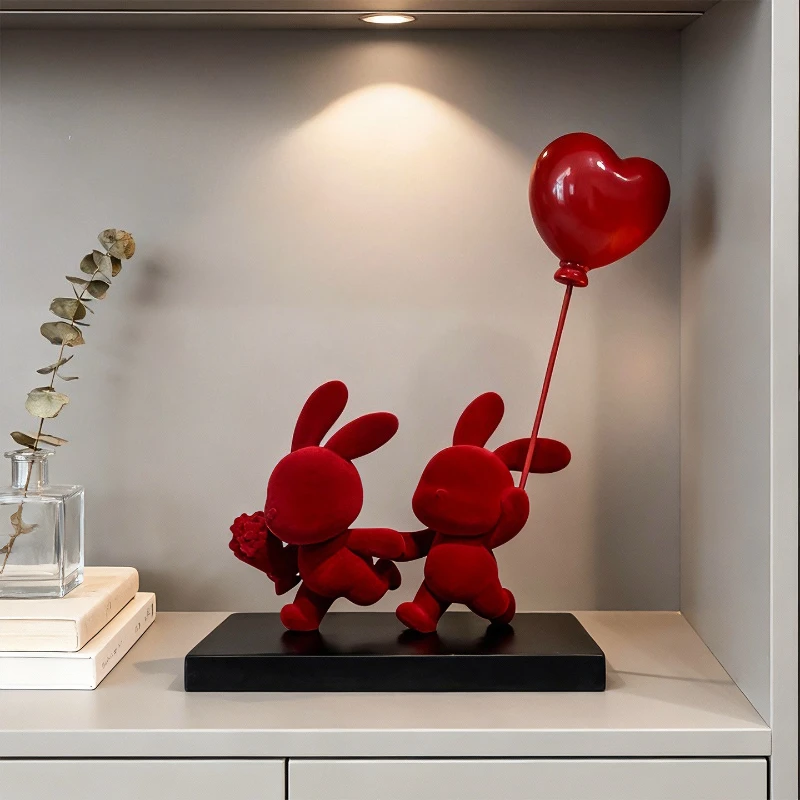 Red Resin Rabbit Couple Ornament Plush Rabbit Statue Living Room Desktop Balloon Decor Home Decor Valentine's Day Christmas Gift