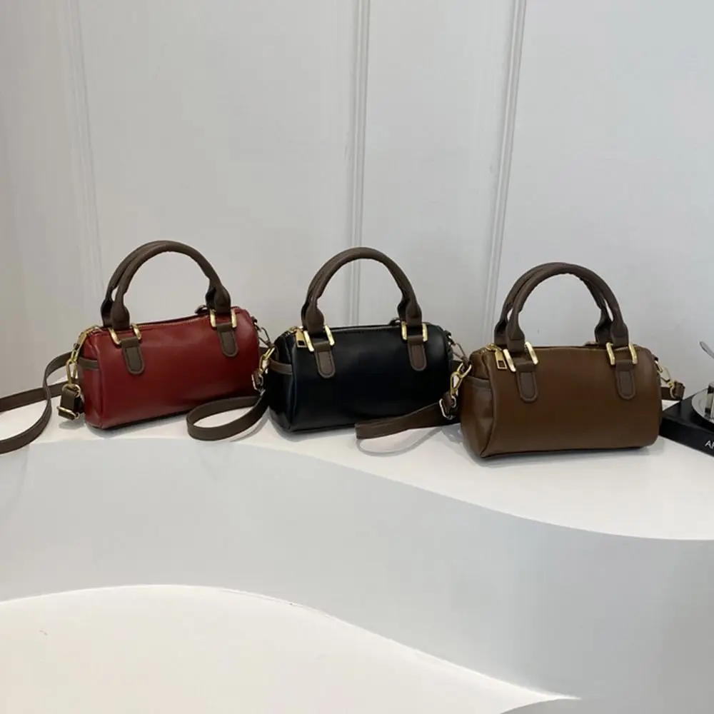 

Vintage French Style Bowling Bag Large Capacity PU Leather Boston Shoulder Bag Elegant Cute Cylindrical Bag Travel