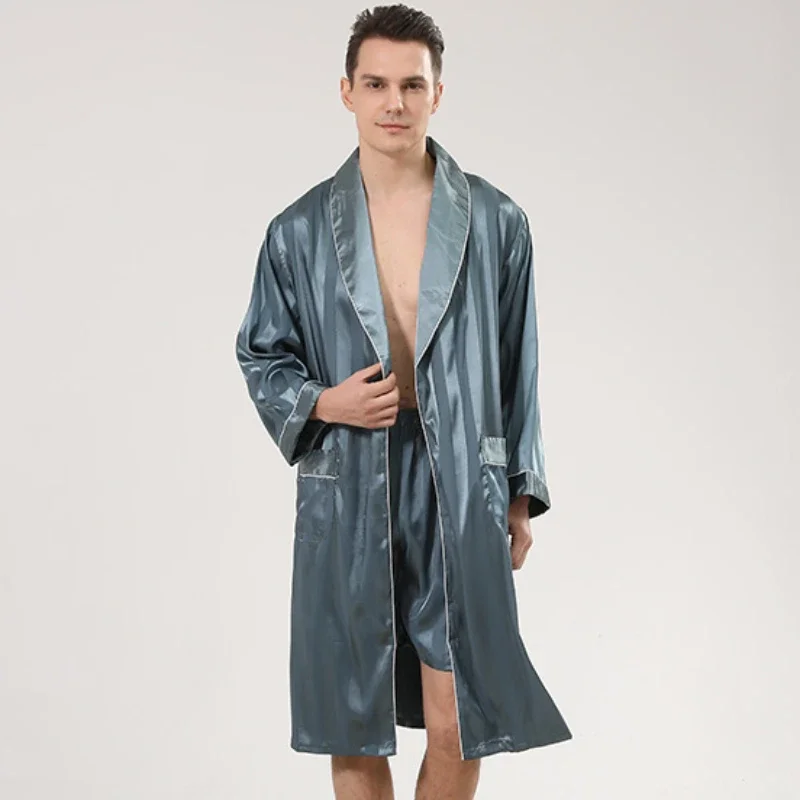 Euro/US Size XXL Fits 150KG Silk Bathrobe Man Nightrobes Robe & Shorts Pajama Sleepwear for Men Kimono Home Silk Satin Bath Robe