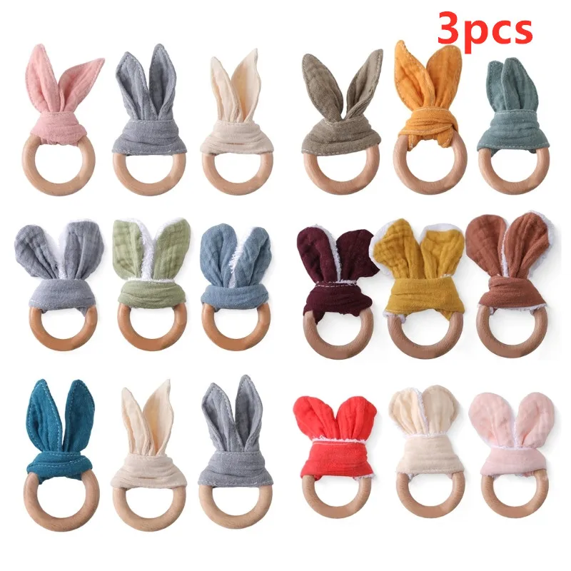 3pcs Cute Cotton Rabbit Ears Baby Teether Newborn Wooden Teething Ring Hand Grasp Toy Organic Wood Bracelet Rattle Sensory Toy