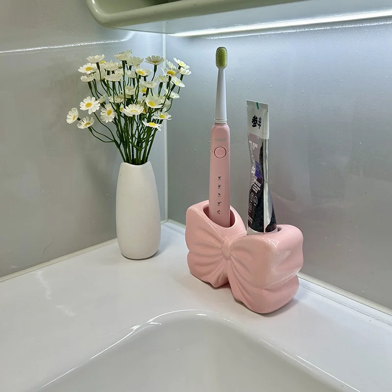 حامل سيراميك بعقدة على شكل فيونكة، حامل فرشاة الأسنان الكهربائية، رف معجون الأسنان لحوض غسيل الحمام، حامل تخزين #6
