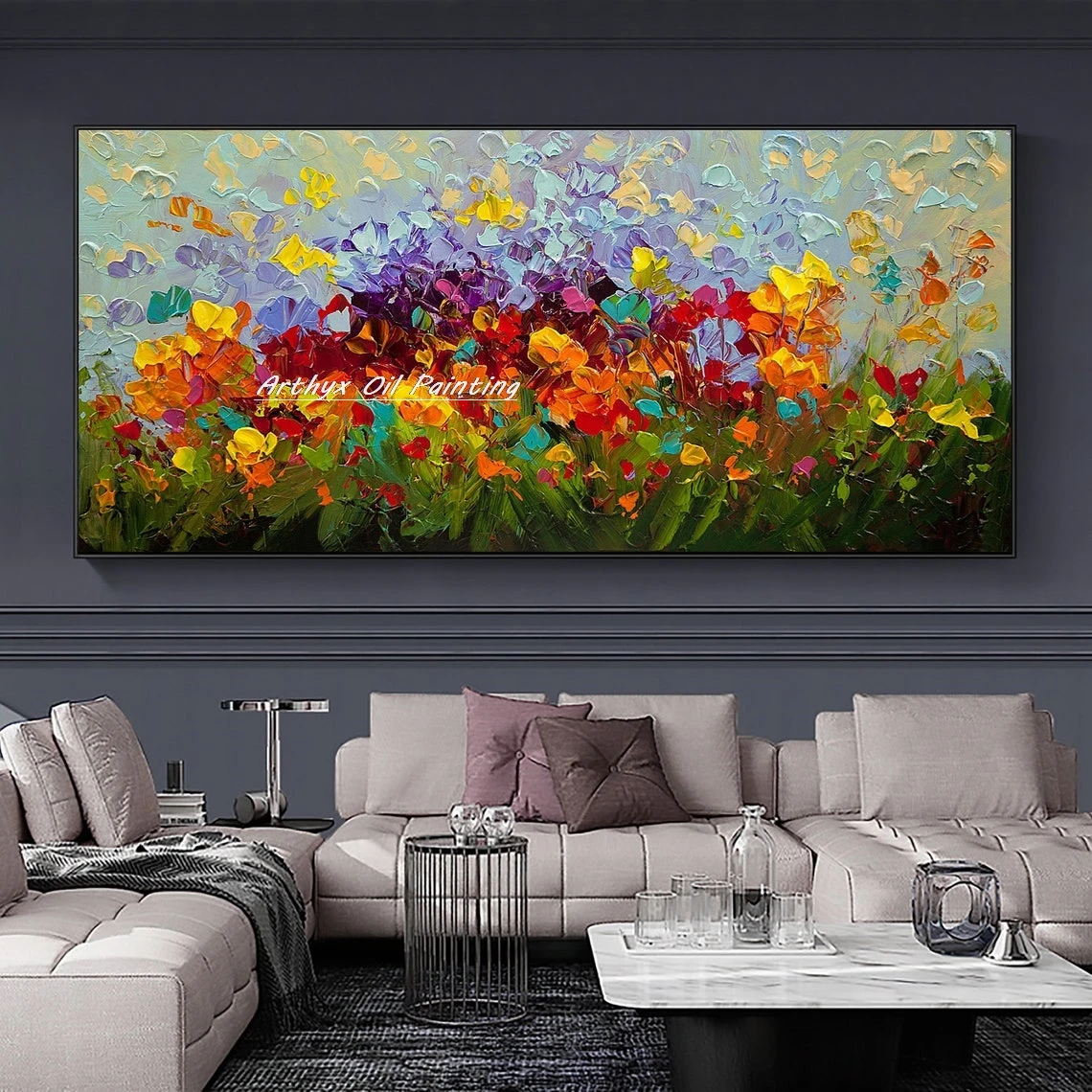 Arthyx Hand Painted Colorful Abstract Flowers Landscape Oil Paintings on Canvas Palette Knife Posters Wall Art Modern Home Decor