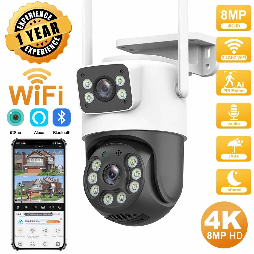 

4K 8MP Dual Lens Wifi Surveillance Camera 4X Digital Zoom AI Human Detect ONVIF Wireless Outdoor Security PTZ IP Cameras