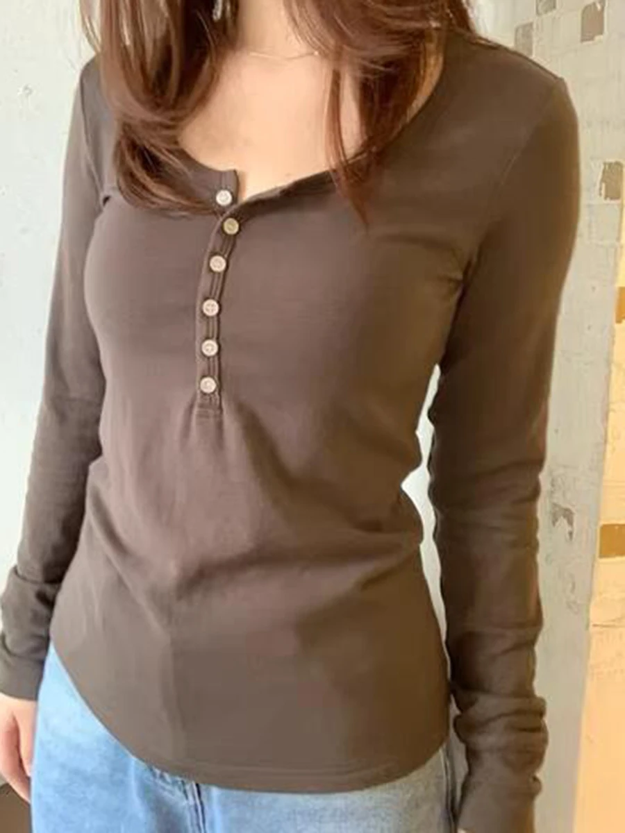 

Brown Soft Slim Basic Long Sleeve T-shirt Woman New Six Buttons Crew Neck Tee Shirts Female Vintage Casual Simple Tops T-shirts