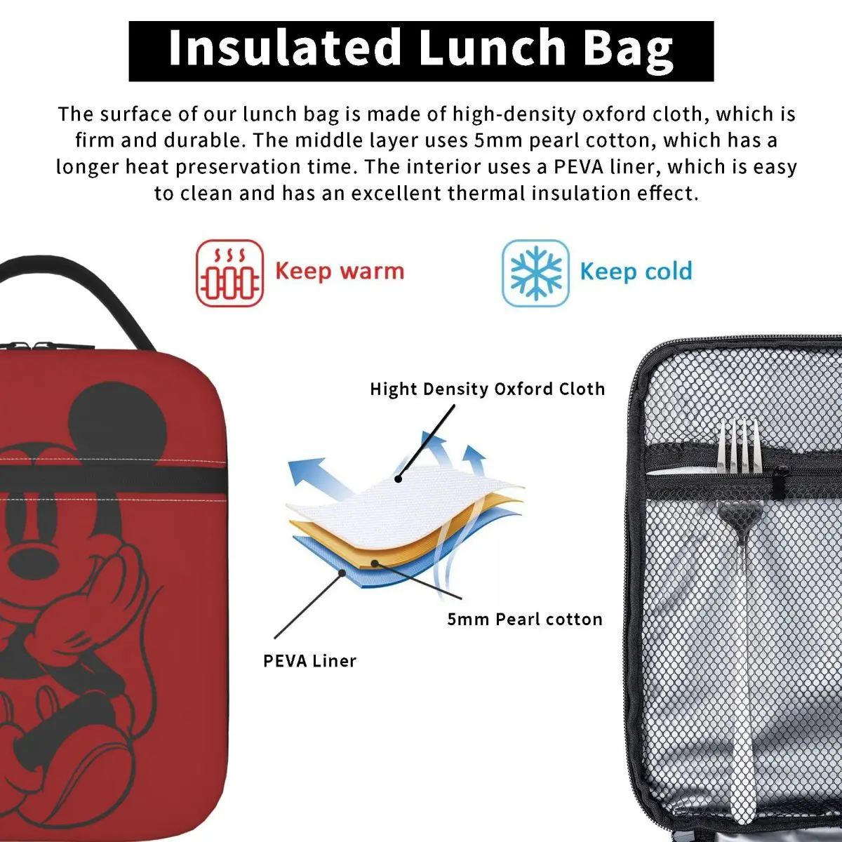 Red Mickey Mouse Thermal Insulated Lunch Bag for School Portable Food Bag Cooler Thermal Lunch Boxes image 5