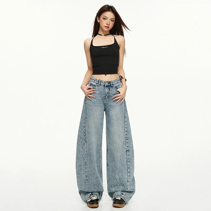 

Винтажные потертые светло-голубые широкие джинсы в американском стиле для женщин, осенние новые свободные висячие брюки с высокой талией