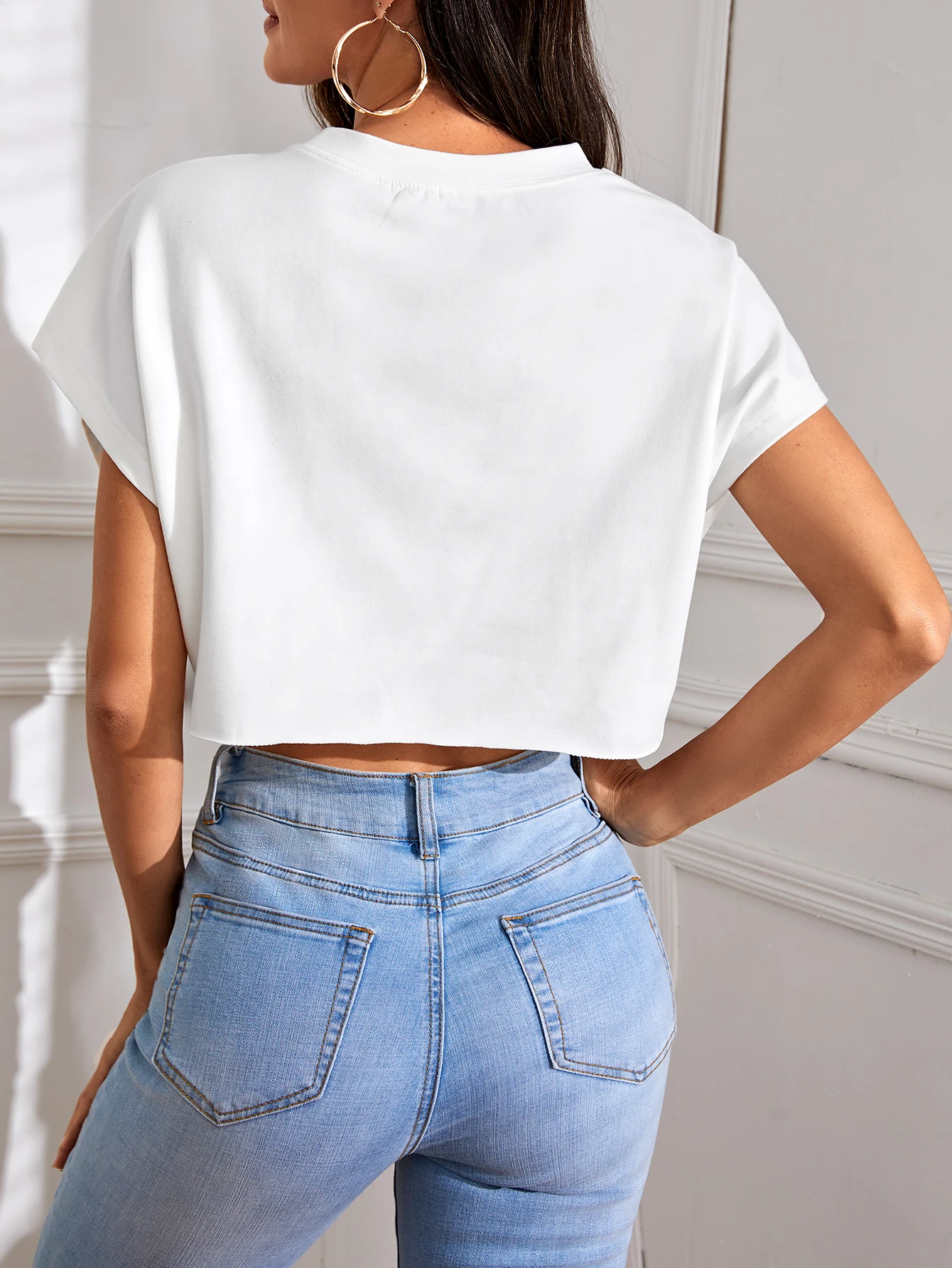 Schickes, solides T-Shirt mit Rundhals ausschnitt-bequem und atmungsaktiv, perfekt für Frühlings-und Sommer ausflüge, Damenmode-Top – Detail 3