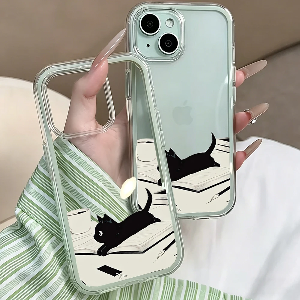 Niedliche, lustige schwarze Katze transparente Handyhülle für iPhone 11 12 13 14 15 16 17 Pro Max Plus Air, stoßfeste Schutzhülle – Detail 5