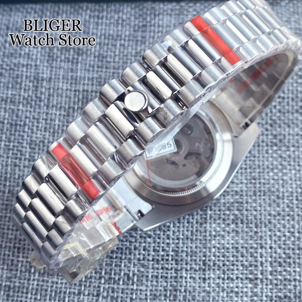 BLIGER 36mm 39mm NH35A Blue Black Mechanical Watch Men Sapphire Glass Lume Mark Silver Polished Case Wristwatch Steel Bracelet