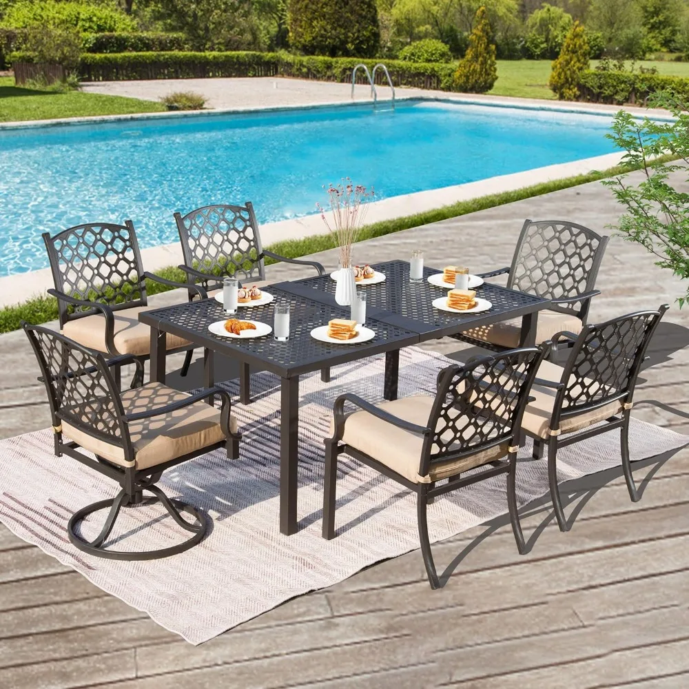 7-teiliges Terrassen-Ess-Set aus Metall, wetterfest, für den Außenbereich, moderne Esszimmer-Sets mit Tisch für Rasen, Garten, Hinterhof, Deck mit Kissen