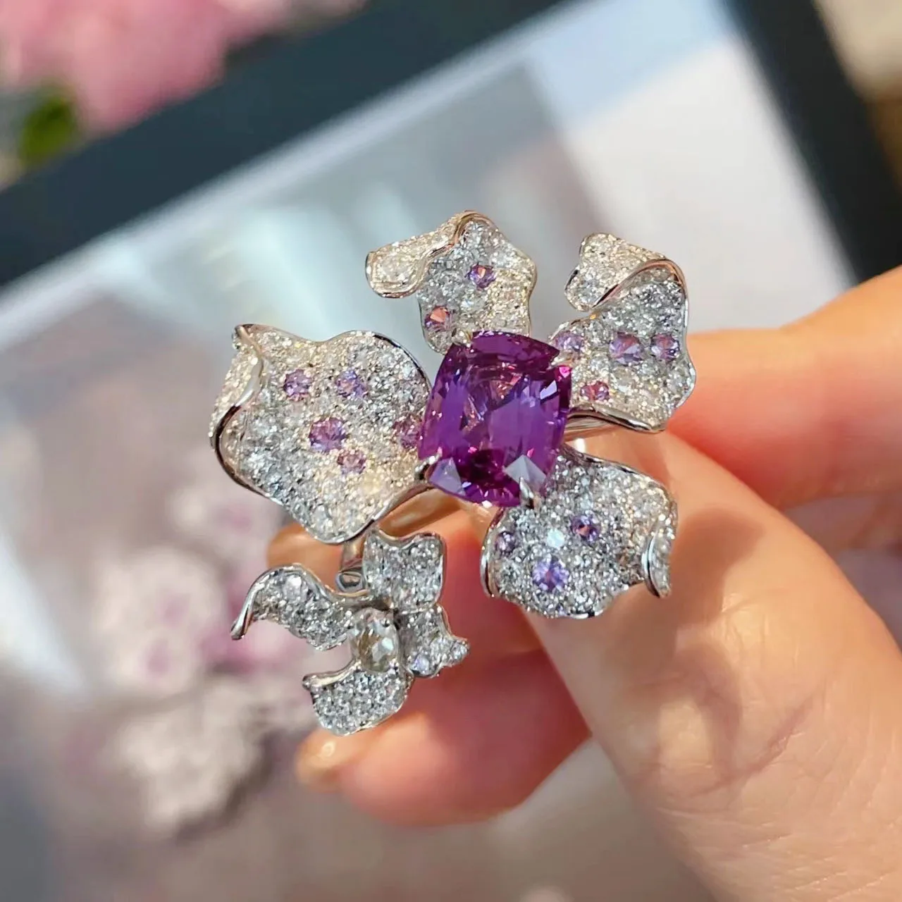 2022 New Trendy Big 925 Ring Amethyst Zircon Flower Open Rings for Women Luxury INS Style Party Dinner Sterling Silver Jewelry